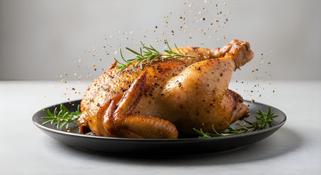 A roasted chicken on a plate with herbs and seasonings being sprinkled on top, giving a savory and appetizing look.の写真素材