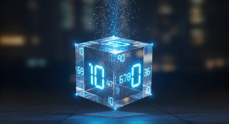 A futuristic digital cube with glowing blue numbers and binary code on its surface, suspended in a...
