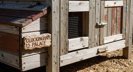 A close-up view of a rustic wooden structure with a sign and a door, situated on a bed of wood...