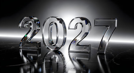 A shiny crystal 2027 decoration with a reflective surface, glowing brightly against a dark...