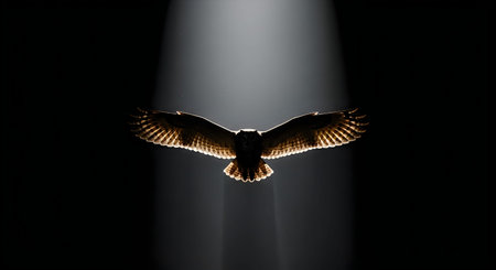 A large eagle with outstretched wings flying towards the viewer, highlighted by a beam of light on a...