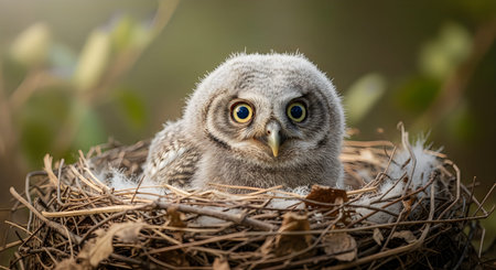 A close-up of a young owl sitting in a nest, looking directly at the camera with big round eyes and...