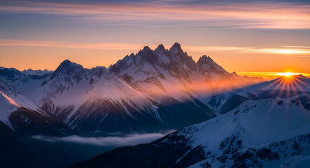 A serene mountain landscape at sunset, featuring snow-covered peaks, a foggy valley, and a vibrant...