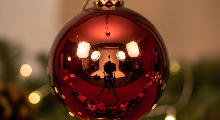 A close-up view of a vibrant red Christmas ornament reflecting warm lights, showcasing its...
