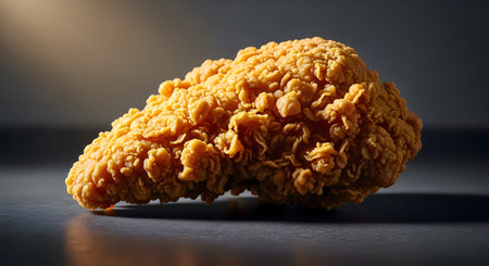 A mouthwatering piece of crispy golden fried chicken breast sitting on a dark surface with a blurred...