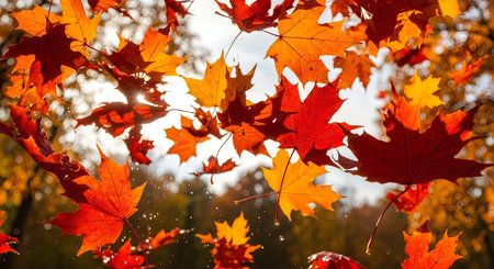 A colorful display of red, orange, and yellow maple leaves against a bright sunny sky on a crisp...