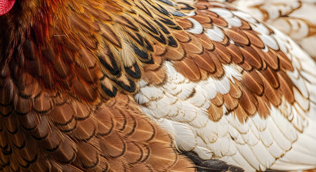 A detailed close-up of a rooster's feathers, highlighting the intricate patterns and colors of its...