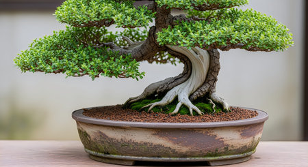 A small bonsai tree with a twisted trunk and green leaves in a stone pot on a wooden table with a...