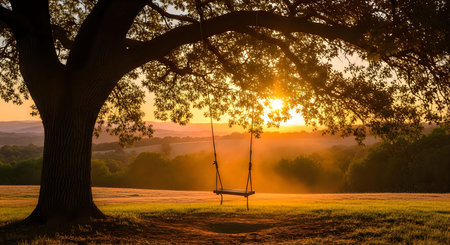 A peaceful landscape featuring a swing hanging from a tree at sunset, casting warm orange and yellow...