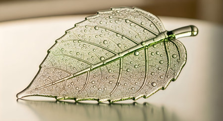 A delicate wire mesh sculpture of a leaf with a prominent stem, showcasing detailed veins and...
