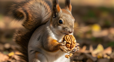 A squirrel standing on its hind legs, eating a nut amidst a blurred background of autumn leaves and...