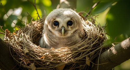 A close-up of a baby owl sitting in a nest, looking directly at the camera with big round eyes,...