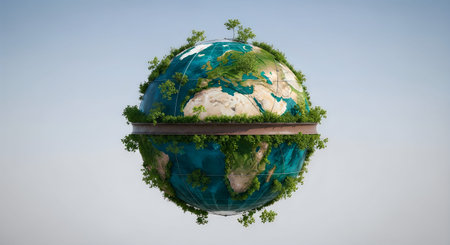A dreamlike image of the Earth covered in greenery with a reflection below, set against a gradient...
