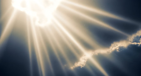 A bright sun shining through dark clouds with rays of light emanating from it