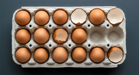 An egg carton containing brown chicken eggs with some broken or missing on a dark surface