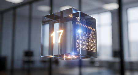 A blurry image of a cube with neon lights reflecting off a glass wall in a modern office space with...
