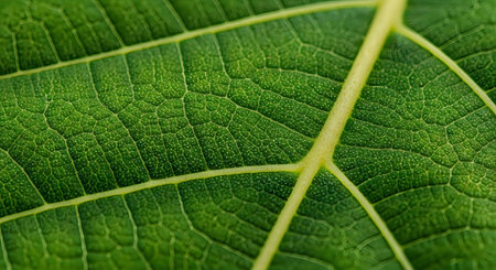 A detailed view of a green leaf showcasing its intricate veins and textured surface in sharp focus