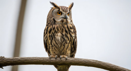 A brown owl with distinctive ear tufts and yellow eyes perched on a curved tree branch against a...