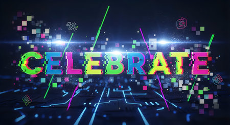 A dark background with a bright, multicolored 'CELEBRATE' text and dynamic light beams and pixels