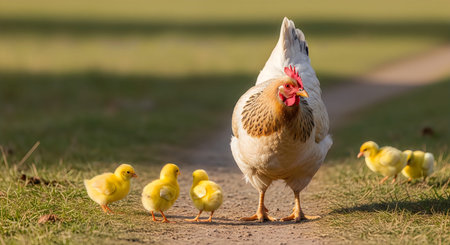 A mother hen leads her brood of chicks on a dirt path through a grassy field on a sunny day,...