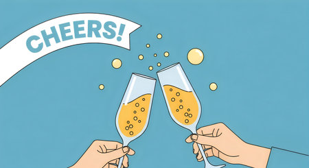 A cartoon illustration of two hands holding champagne glasses clinking together with a cheers banner...