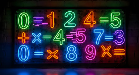 A neon sign displaying various colorful math equations and symbols, including numbers and operators,...