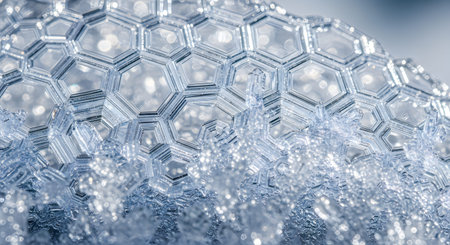 Close-up of frosty glass with intricate crystalline structures and hexagonal patterns, showcasing...