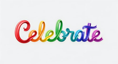 A colorful, rainbow-hued 'Celebrate' text graphic on a white background, perfect for party or event...