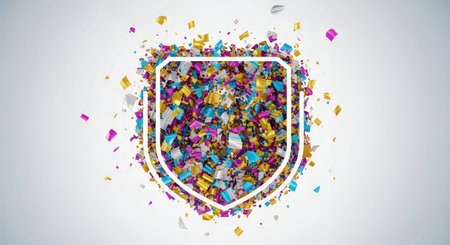 A colorful shield shape filled with various tiny figures and particles in a multitude of colors on a...