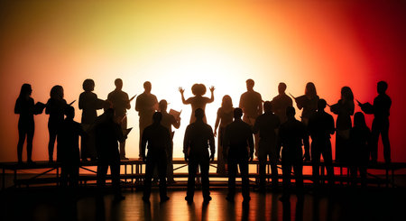 A group of musicians standing on a stage in silhouette against a vibrant orange and yellow sky,...