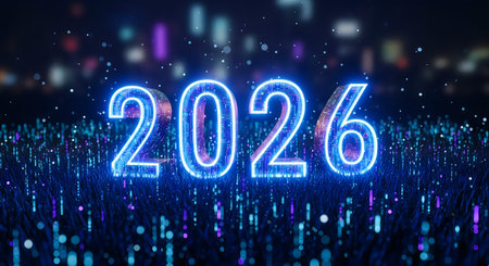 A futuristic digital artwork featuring the year 2026 in neon lights with a dark background and...