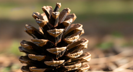 A detailed close-up of a brown pine cone standing upright on a forest floor with blurred background.