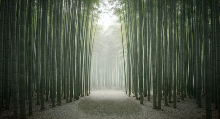 A tranquil bamboo forest scene with sunlight filtering through the dense green stalks onto a...