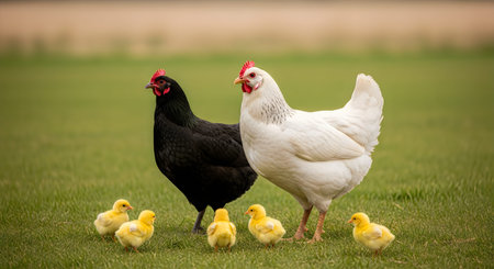 Two hens, one black and one white, standing with their yellow chicks in a lush green field on a...