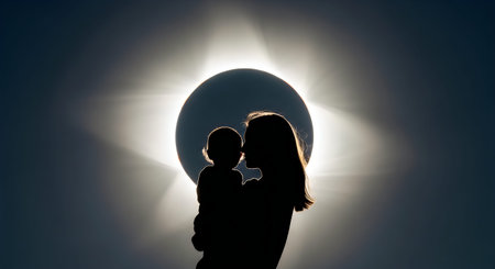 Two people are standing together, their silhouettes dark against the bright sky. They are looking up...