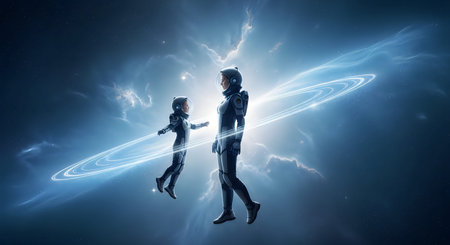 Two astronauts are walking in a futuristic space station. The background is filled with glowing...