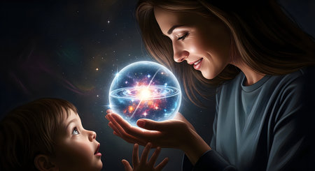 In a serene night setting, a mother and child gaze in awe at a magical glowing orb filled with swirling colors and stars. The mother holds the orb gently, while the child reaches out in curiosity, creating a moment of wonder and connection.の写真素材