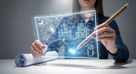 A person is seen analyzing a display that shows various data and graphs. The individual is holding a...