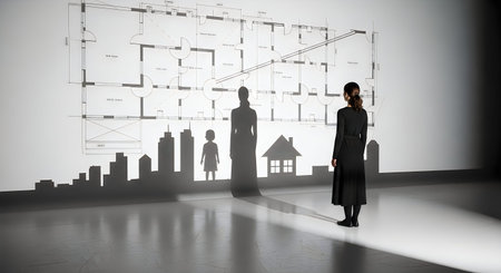 The image depicts a group of people standing in front of a large wall displaying various abstract...