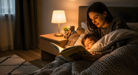 A woman is comfortably lying in bed, engrossed in a book. She is covered with a cozy blanket and the...