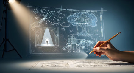 An artist's hand is captured in the act of drawing a white umbrella on a chalkboard. The scene is...