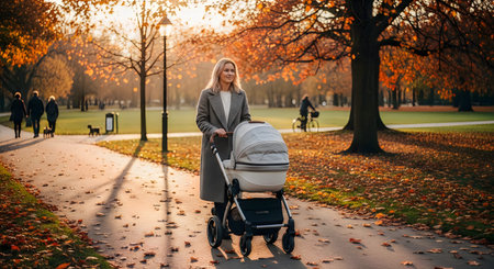 A woman is pushing a stroller through a park during autumn. The trees are shedding their leaves, creating a beautiful scene. Other people can be seen in the background, enjoying the park as well.の写真素材