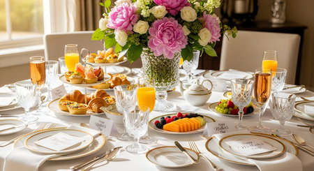 A beautifully set table with a large floral centerpiece, various dishes, and glasses filled with...