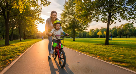 A mother is seen riding a bicycle with her child seated in a child seat on the back, enjoying a...