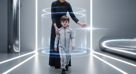 In a futuristic setting, a child and an adult are seen interacting with a holographic interface. The adult, dressed in a dark suit, and the child, in a light-colored outfit, are both reaching out to touch the glowing blue holographic display. The environment is sleek and modern, with smooth, curved surfaces and a metallic finish, suggesting advanced technology and innovation.の写真素材