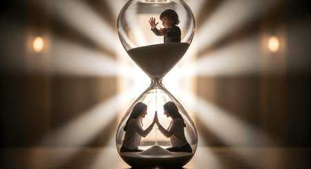 An hourglass with intertwined human figures inside, symbolizing the passage of time and the connections between people. The hourglass is illuminated by bright light rays, creating a surreal and thought-provoking scene.の写真素材