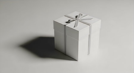 The image features a elegantly wrapped white gift box adorned with a silver ribbon, set against a...