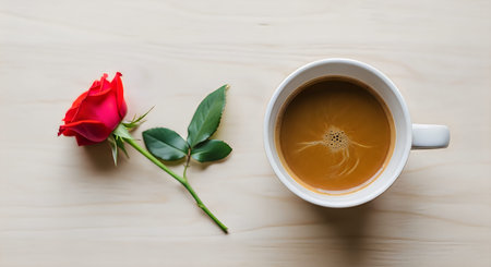 The image shows a single red rose with a green stem and leaves placed next to a white cup filled with coffee. The cup has a handle on the right side and is positioned on a light-colored wooden surface.の写真素材