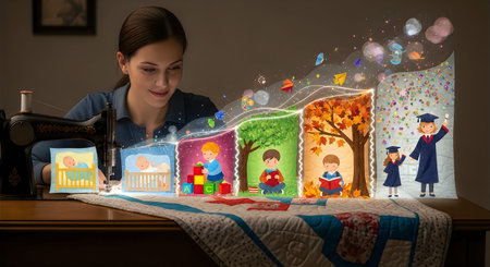 A child is lying on a bed, surrounded by a series of illustrated books that create a continuous story. The books depict a magical world with various characters and scenes, capturing the child's imagination and curiosity.の写真素材