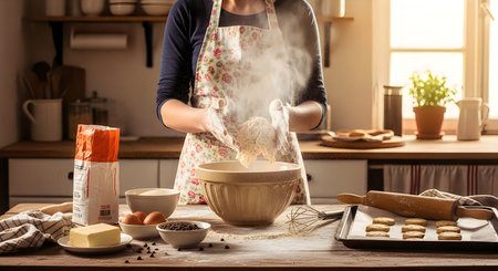 A person is cooking in a kitchen with steam rising from a pot on the stove. The kitchen is well-lit...